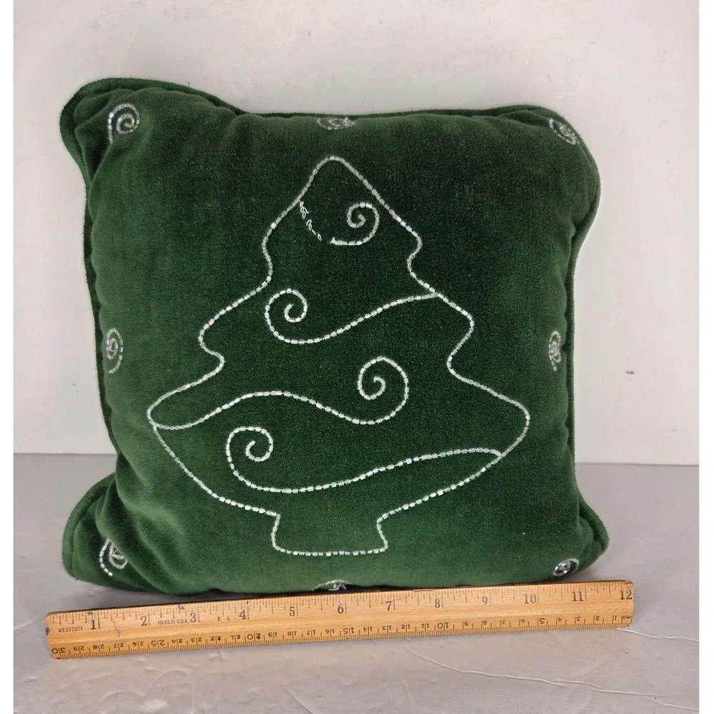 Green Velvet Christmas Tree Beaded Throw Pillow Holiday Decor 12x12